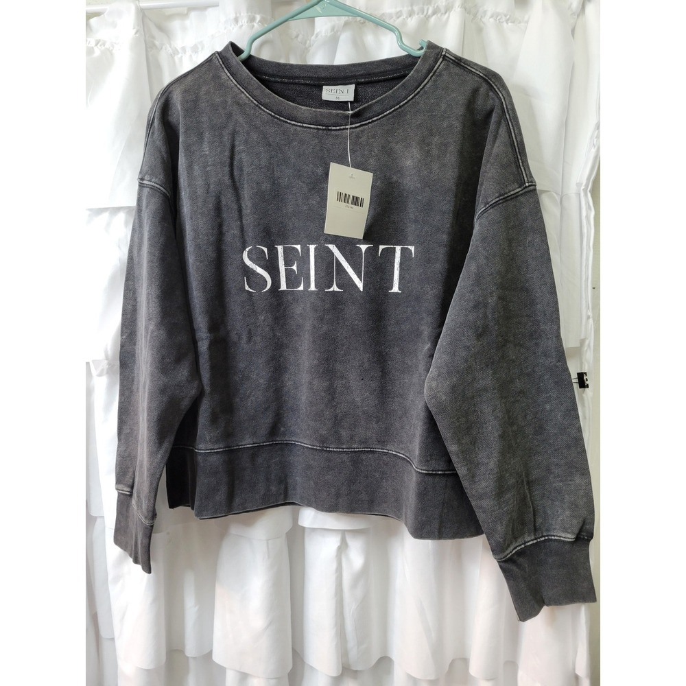 Seint‎ Graphic Sweatshirt Womens Med Gray Mineral Wash Cropped Pullover New 1823